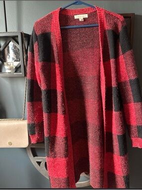 Monteau Red and Black Buffalo Plaid Open Cardigan